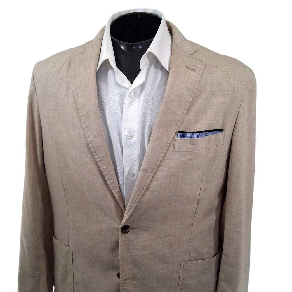 Cremieux Sport Coat Mens Large Tan Linen Blend Elbow Patches Blazer